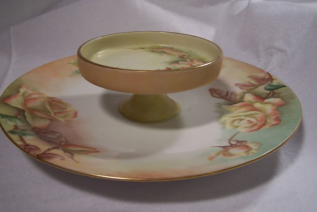 Victorian Yellow Rose Decorated Two-Tiered Cheese Bowl & Cracker Dish -Limoges France Porcelain Victorian Yellow Rose Decorated Two-Tiered Cheese Bowl & Cracker Dish -Limoges France Porcelain