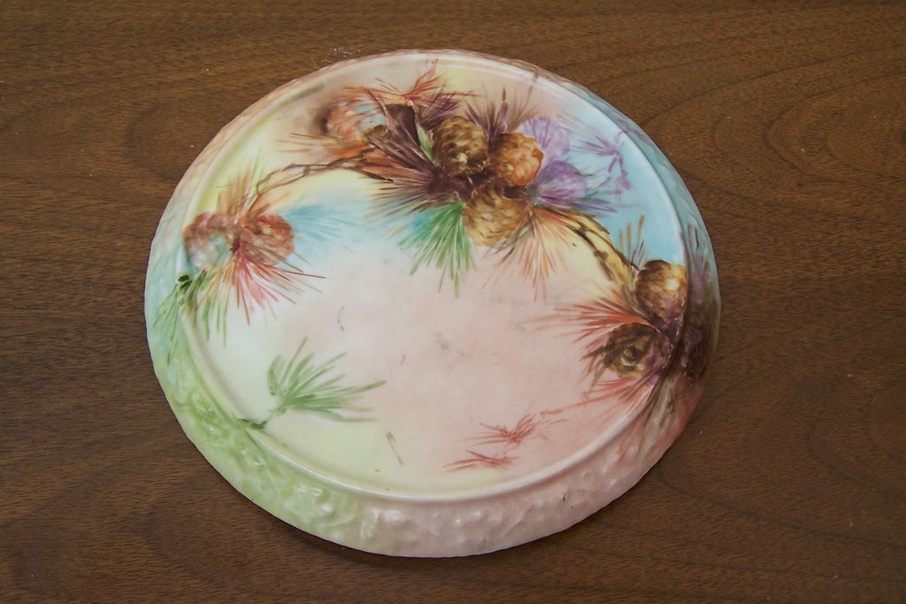 Hard to Find Antique Limoges Trivet Plate Hand Painted w/ Naturalistic Pine Coness Hard to Find Antique Limoges Trivet Plate Hand Painted w/ Naturalistic Pine Coness