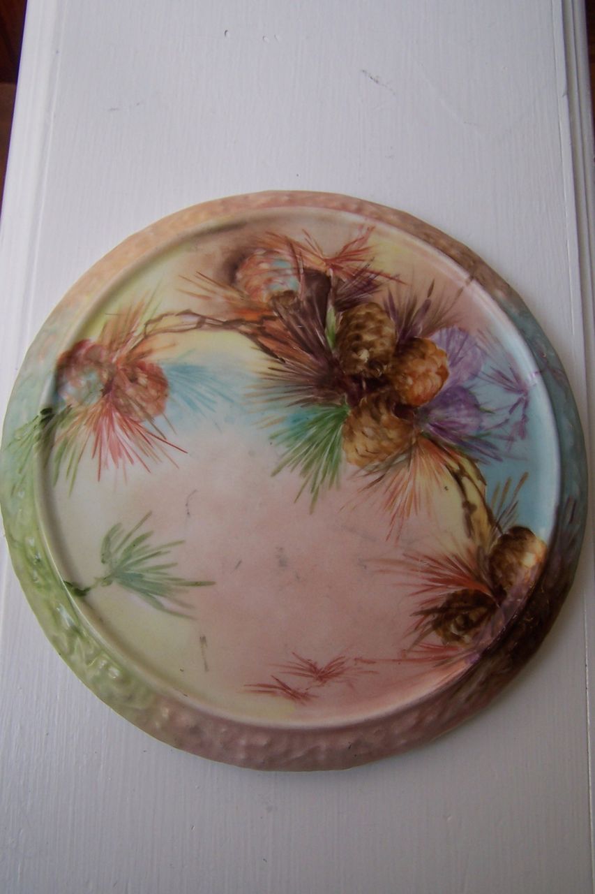 Hard to Find Antique Limoges Trivet Plate Hand Painted w/ Naturalistic Pine Coness Hard to Find Antique Limoges Trivet Plate Hand Painted w/ Naturalistic Pine Coness