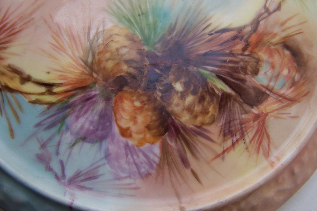 Hard to Find Antique Limoges Trivet Plate Hand Painted w/ Naturalistic Pine Coness Hard to Find Antique Limoges Trivet Plate Hand Painted w/ Naturalistic Pine Coness
