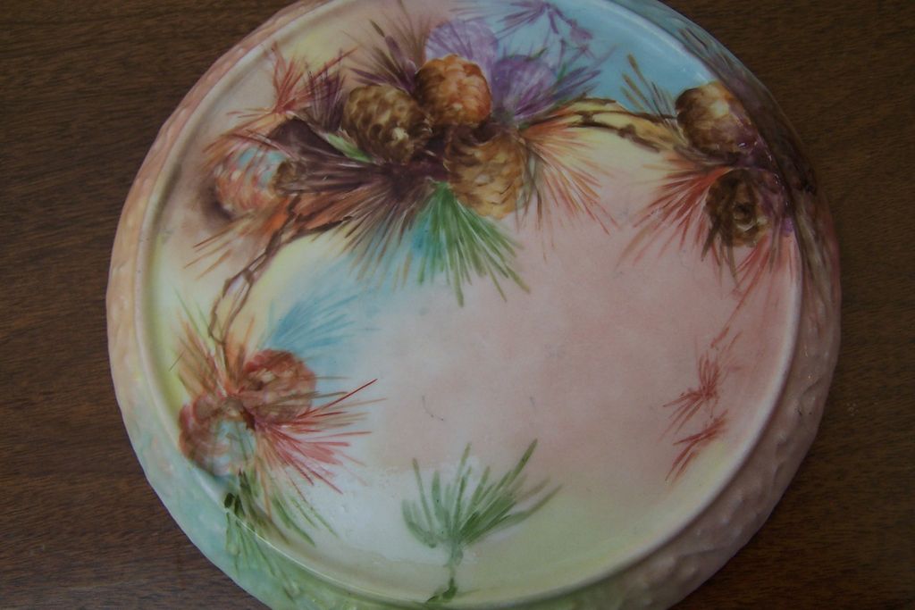 Hard to Find Antique Limoges Trivet Plate Hand Painted w/ Naturalistic Pine Coness Hard to Find Antique Limoges Trivet Plate Hand Painted w/ Naturalistic Pine Coness