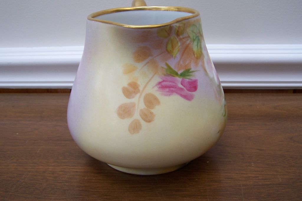 Factory-Decorated Pretty Wild Rose Apple Blossom Lemonade Cider Pitcher w/ Roman Coin Gold Handle Hand Painted by the renown Limoges Artist 'J Marsay' Factory-Decorated Pretty Wild Rose Apple Blossom Lemonade Cider Pitcher w/ Roman Coin Gold Handle Hand Painted by the renown Limoges Artist 'J Marsay'
