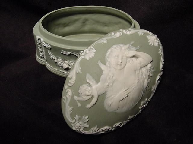 Art Nouveau jasperware covered dresser box cupid and maiden Art Nouveau jasperware covered dresser box cupid and maiden