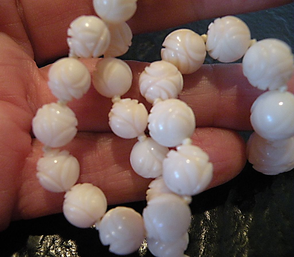 Carved White Coral Beaded Necklace 16 inches- 7.41mm-11.02 mm Carved White Coral Beaded Necklace 16 inches- 7.41mm-11.02 mm