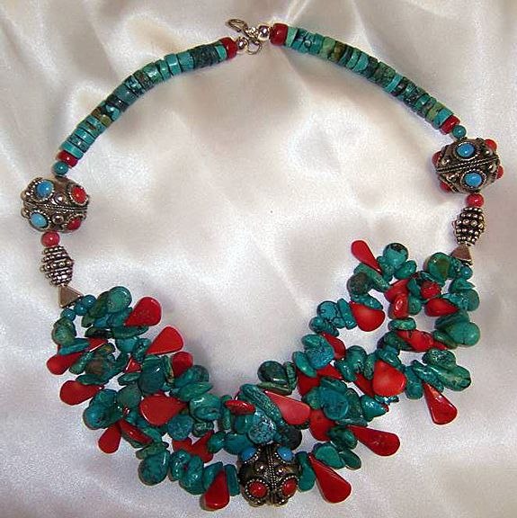 Coral & Turquoise Beads : Tibetan Teardrops Coral & Turquoise Beads : Tibetan Teardrops