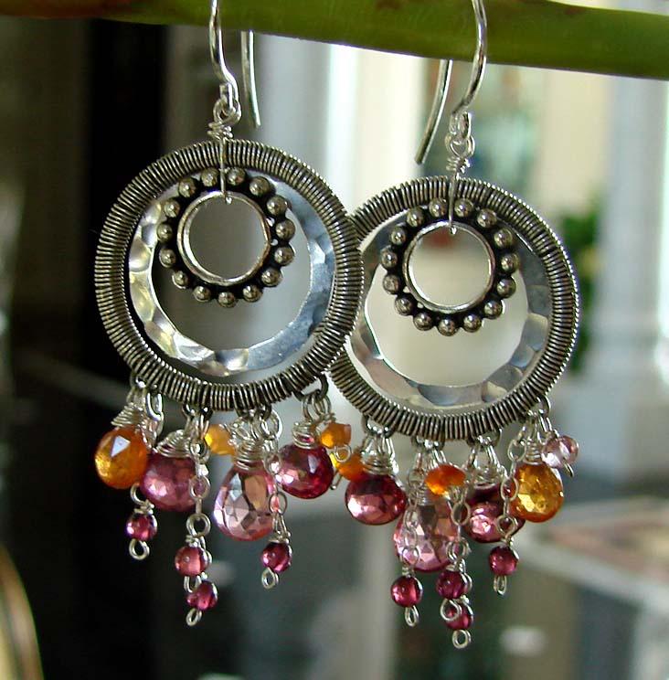 Pink Parfait - Multi Dimensional And Textured Sterling Silver Pink And Orange Gemstone Earrings Pink Parfait - Multi Dimensional And Textured Sterling Silver Pink And Orange Gemstone Earrings