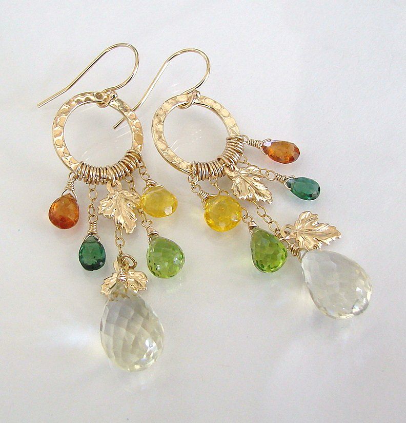 Autumn Leaves - 14.50 Carat Lemon Topaz, Mandarin Garnet, Green Apatite, Peridot, Yellow Opal 14K Gold Filled Earrings Autumn Leaves - 14.50 Carat Lemon Topaz, Mandarin Garnet, Green Apatite, Peridot, Yellow Opal 14K Gold Filled Earrings
