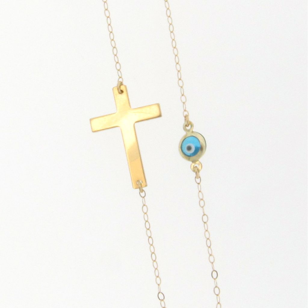 14K Solid Gold Sideways Cross Necklace With Small Evil Eye 14K Solid Gold Sideways Cross Necklace With Small Evil Eye
