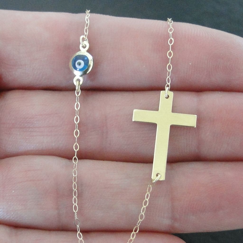 14K Solid Gold Sideways Cross Necklace With Small Evil Eye 14K Solid Gold Sideways Cross Necklace With Small Evil Eye