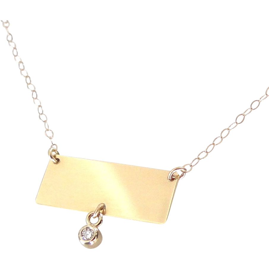 14K Gold Nameplate Necklace - Rectangle With Diamond Drop, Yellow or ...