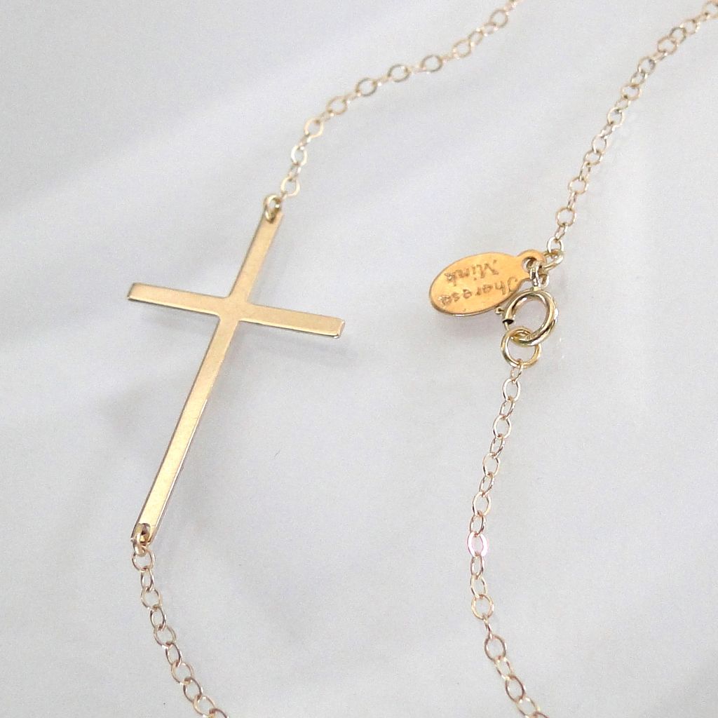 14K Solid Gold Sideways Cross Necklace Thin And Sleek, Kelly Ripa