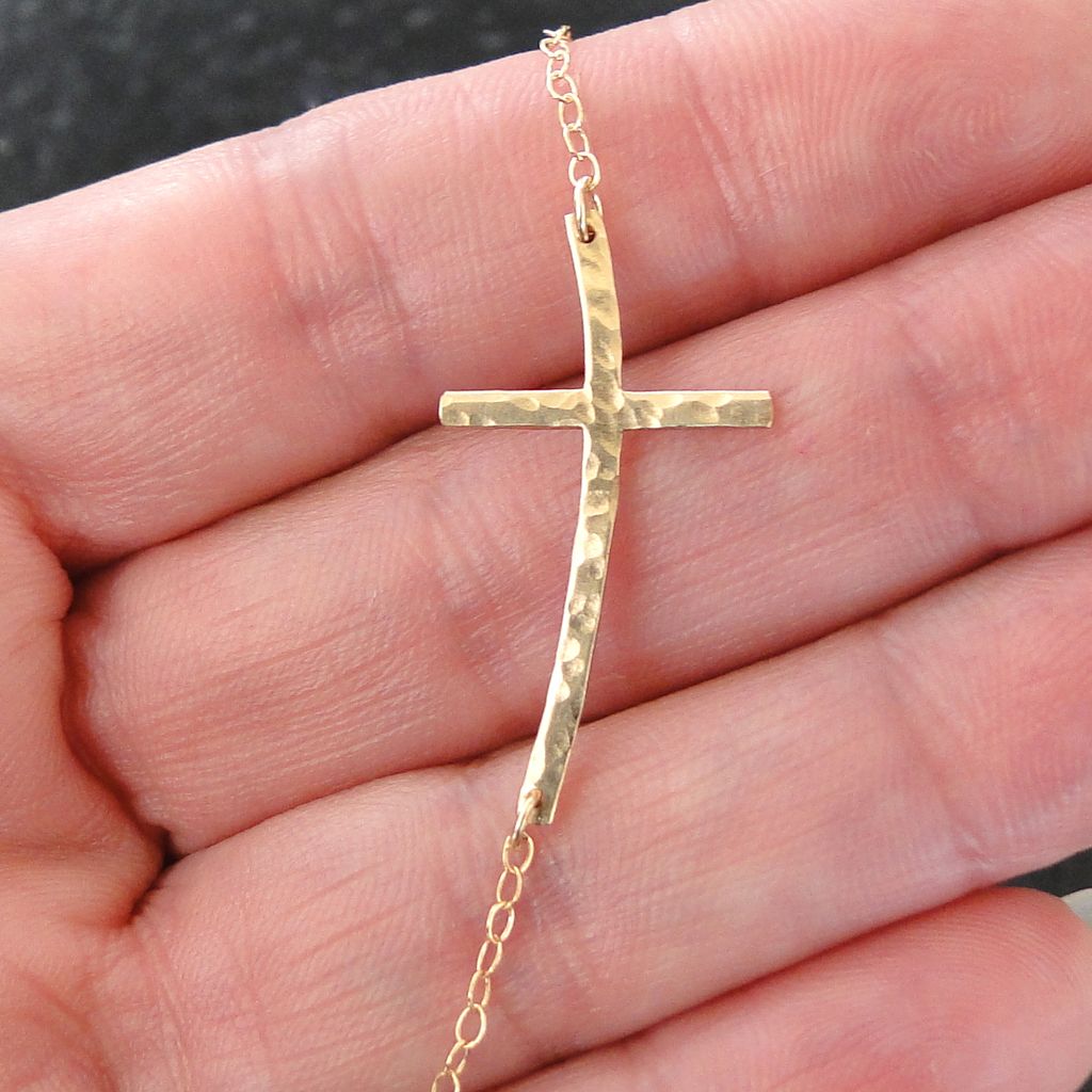 New CURVED Sideways Cross Necklace 14K Gold Filled Long And Sleek 