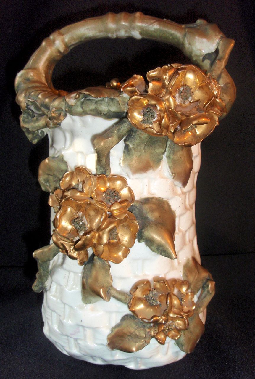 Impressive Basket Weave Amphora Vase with applied Flowers Impressive Basket Weave Amphora Vase with applied Flowers