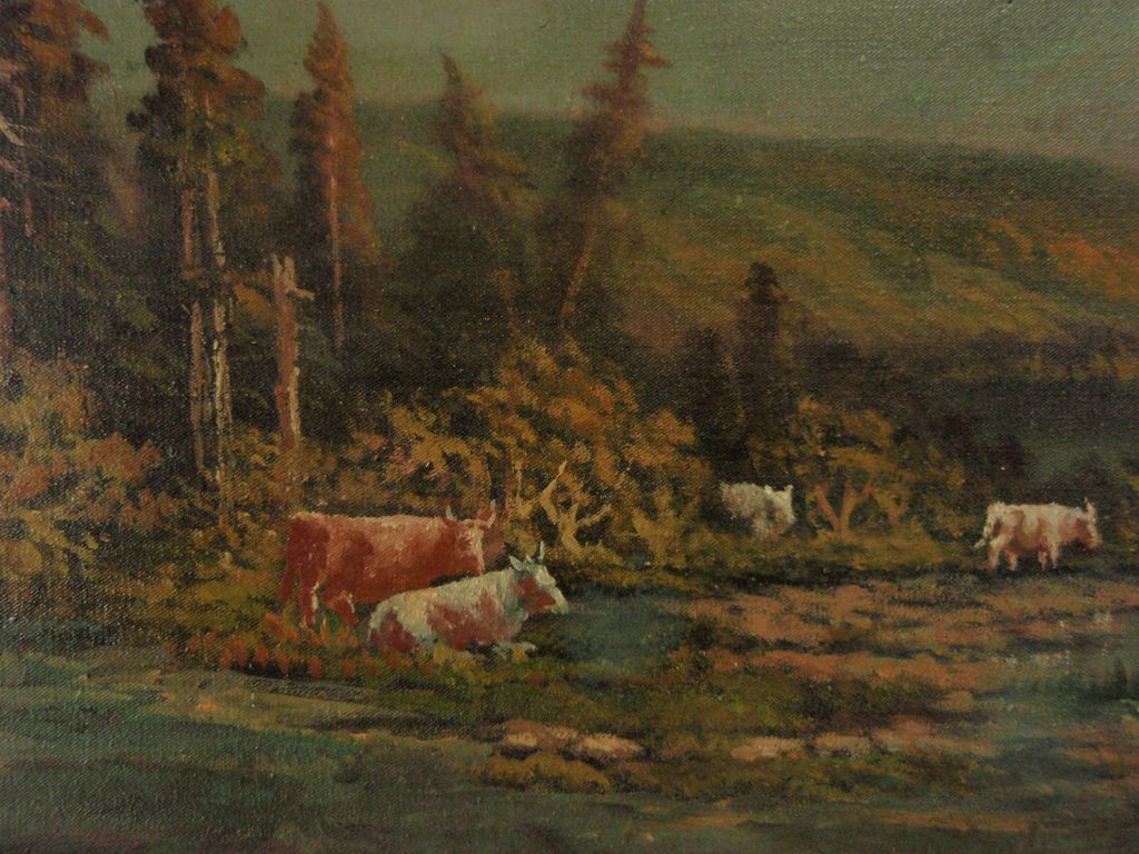 Original Oil Painting of Mt Hood Landscape with Cattle by Alexander M Wood Original Oil Painting of Mt Hood Landscape with Cattle by Alexander M Wood