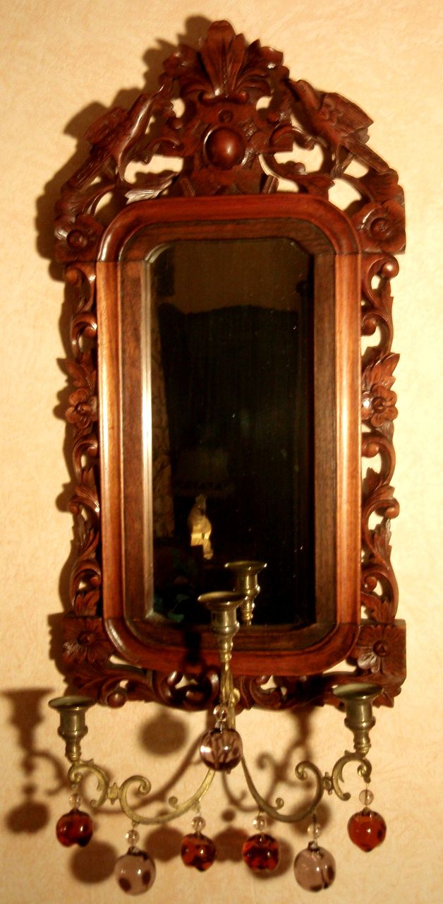 Spectacular Black Forest Carved Mirror Wall Sconce Spectacular Black Forest Carved Mirror Wall Sconce