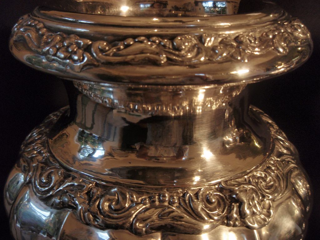 Wonderful Old Pair of Large Silver Plated Urns Wonderful Old Pair of Large Silver Plated Urns