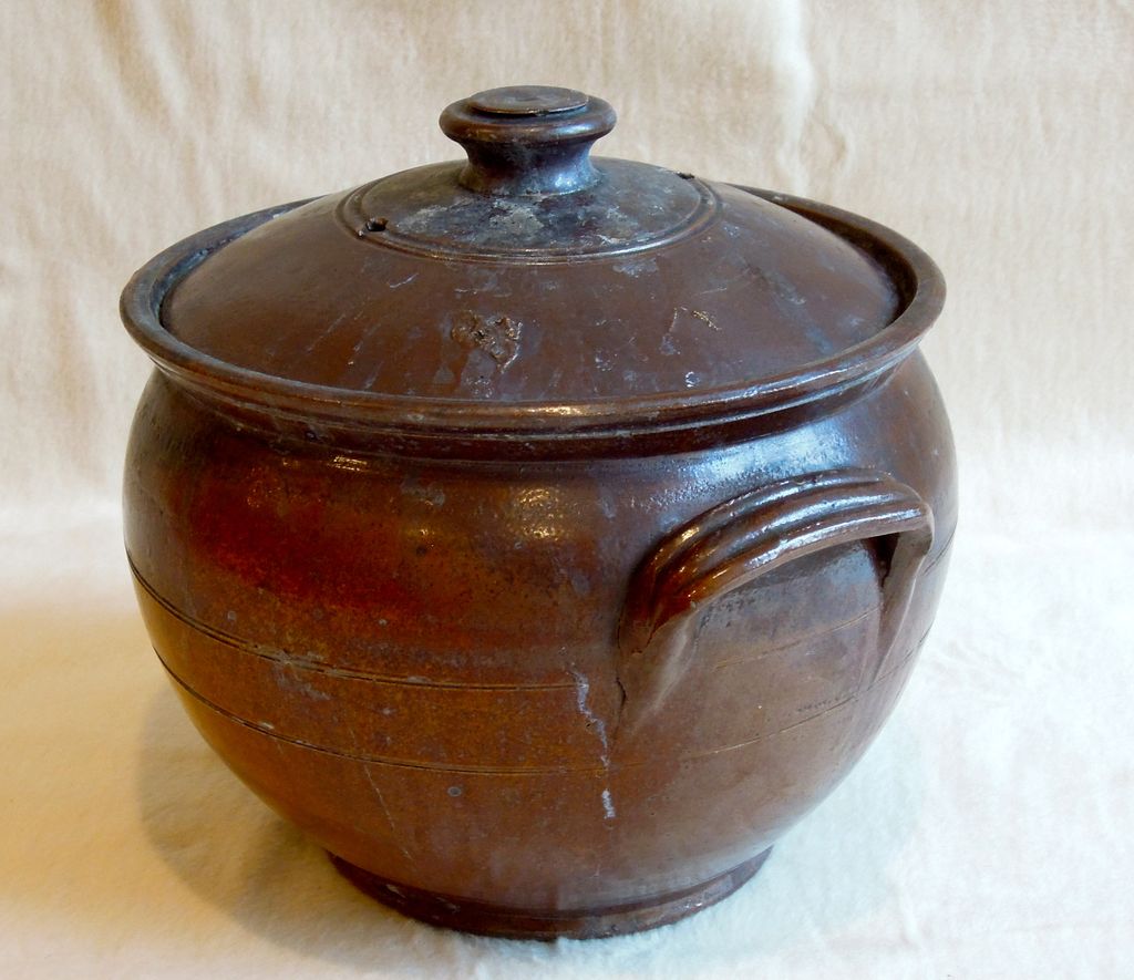 Large Old Dark Brown Glazed Pot with Cover and Handles, Redware Large Old Dark Brown Glazed Pot with Cover and Handles, Redware