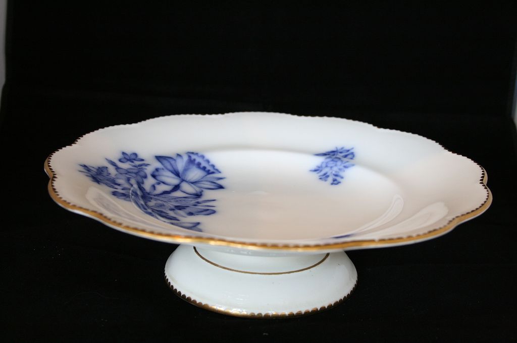 White Davenport Footed Plate wth Blue Floral Transferware, Footed Bowl, Staffordshire White Davenport Footed Plate wth Blue Floral Transferware, Footed Bowl, Staffordshire