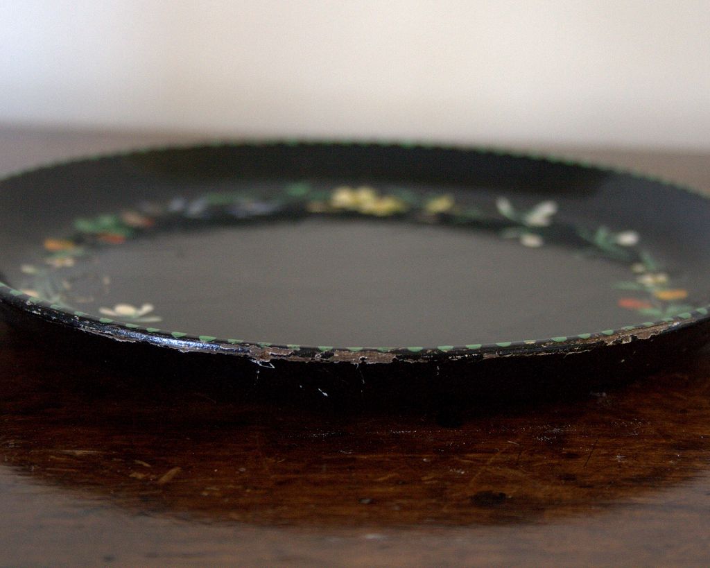 A Vintage Round Hand Painted Paper Mache Tray with Flowers & Strawberries A Vintage Round Hand Painted Paper Mache Tray with Flowers & Strawberries