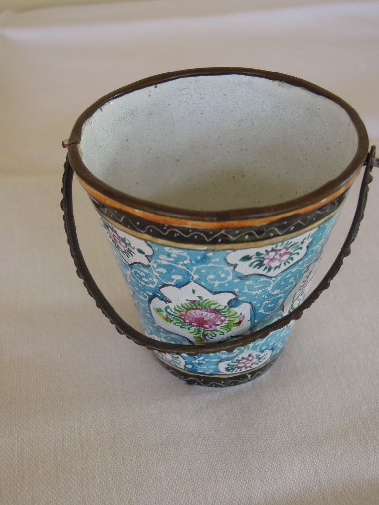 Fabulous Antique Enamel Pail with Flowers ca.1800 Fabulous Antique Enamel Pail with Flowers ca.1800
