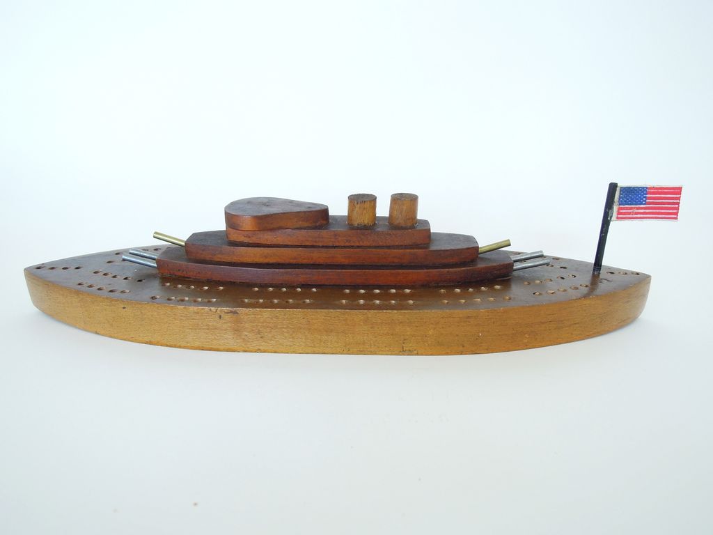 Vintage Folk Art Wood Model Ship Cribbage Board, Boat, Game Board Vintage Folk Art Wood Model Ship Cribbage Board, Boat, Game Board