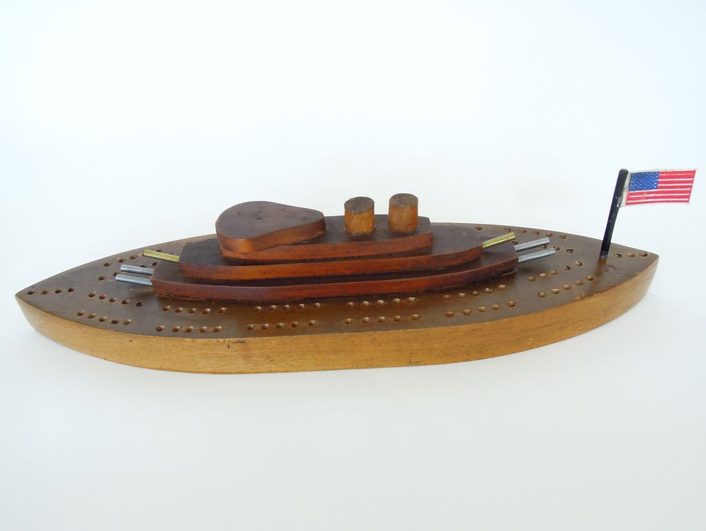 Vintage Folk Art Wood Model Ship Cribbage Board, Boat, Game Board Vintage Folk Art Wood Model Ship Cribbage Board, Boat, Game Board