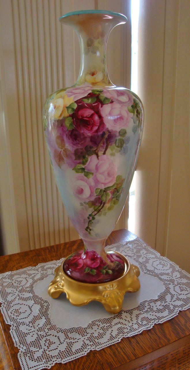 American Belleek Large Porcelain Hand Painted Vase Gorgeous ~ Roses~ Ca. 19th Century American Belleek Large Porcelain Hand Painted Vase Gorgeous ~ Roses~ Ca. 19th Century