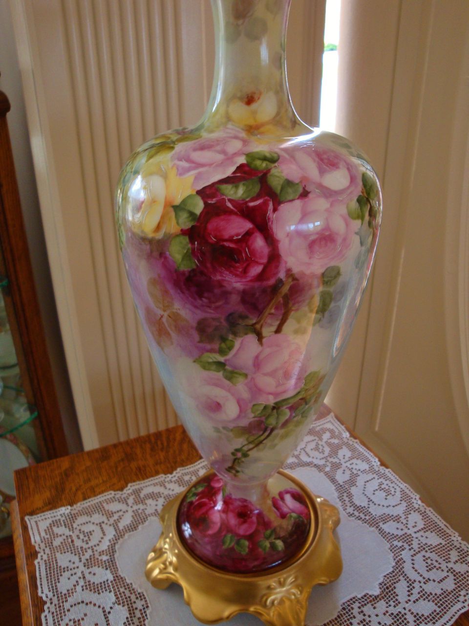 American Belleek Large Porcelain Hand Painted Vase Gorgeous ~ Roses~ Ca. 19th Century American Belleek Large Porcelain Hand Painted Vase Gorgeous ~ Roses~ Ca. 19th Century
