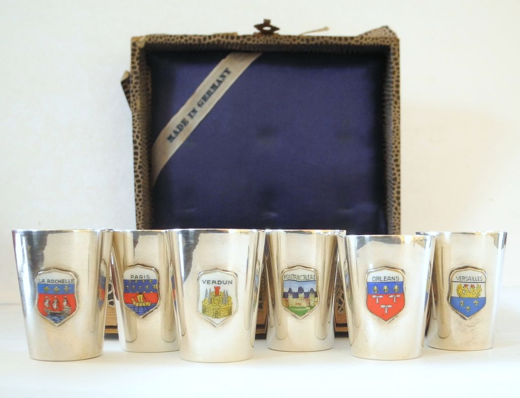 Sterling Silver and France City Crests Enameled Shot/Cordial Glasses, Made in Germany Sterling Silver and France City Crests Enameled Shot/Cordial Glasses, Made in Germany