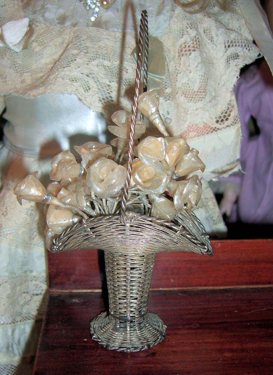 19th Century Antique Silver Doll Basket with Pearl Type Flowers 19th Century Antique Silver Doll Basket with Pearl Type Flowers