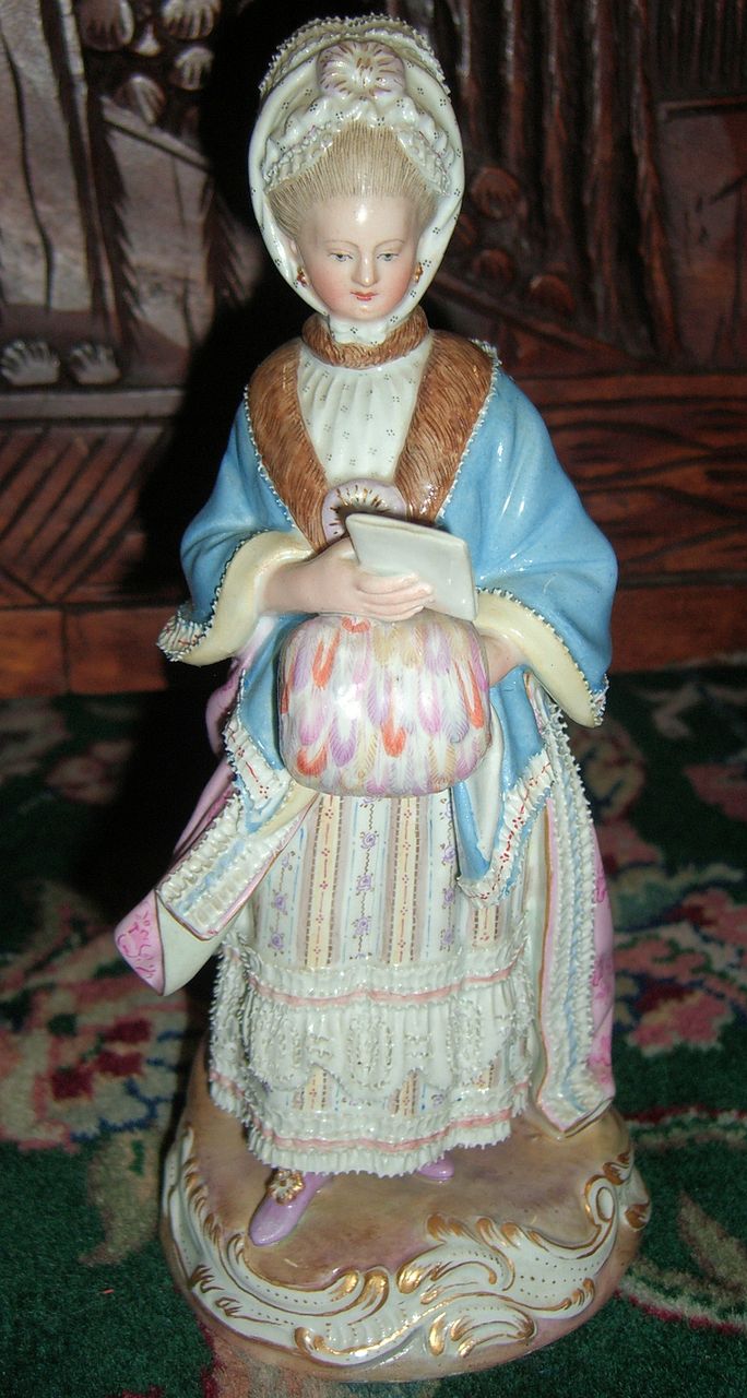 8" Meissen Figurine of Lady with Racing Card & Muff - Layaway! 8" Meissen Figurine of Lady with Racing Card & Muff - Layaway!