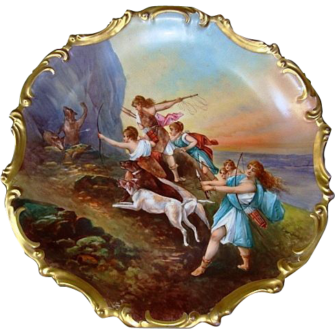 Astonishing 15 1/2 " Limoges Porcelain Plaque ~ Hand Painted Allegorical Scene~ Artist is depicting "Diana And Her Nymphs" Hunting Bear and Boar. ~ Signed Dubois ~ Lazeyras Rosenfeld & Lehman early 1900's. Astonishing 15 1/2 " Limoges Porcelain Plaque ~ Hand Painted Allegorical Scene~ Artist is depicting "Diana And Her Nymphs" Hunting Bear and Boar. ~ Signed Dubois ~ Lazeyras Rosenfeld & Lehman early 1900's.