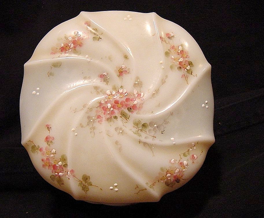 Wavecrest Large 6" Wide Swirl Apple Blossom Opal Glass Dresser Box ~ Hand Painted with Pink Flowers ~ C F Monroe Co Late 1800's Wavecrest Large 6" Wide Swirl Apple Blossom Opal Glass Dresser Box ~ Hand Painted with Pink Flowers ~ C F Monroe Co Late 1800's