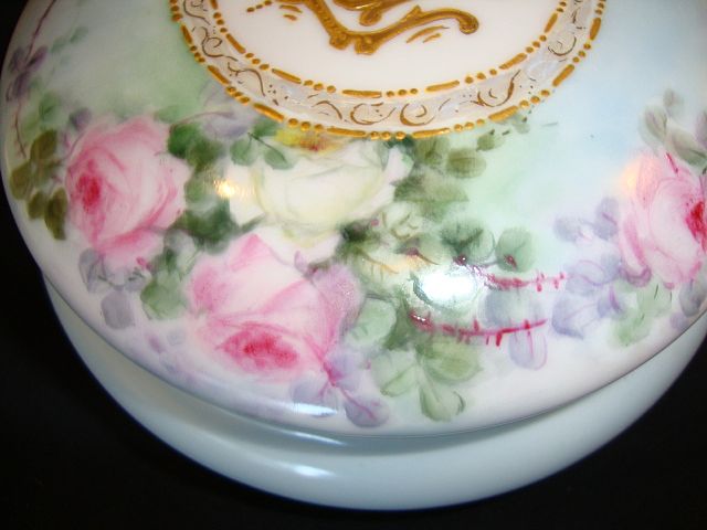 Beautiful 6" Limoges Porcelain Dresser / Trinket Box ~ Hand Painted with Pink & White Roses ~ Monogrammed with Gold ~ Limoges France after 1891 Beautiful 6" Limoges Porcelain Dresser / Trinket Box ~ Hand Painted with Pink & White Roses ~ Monogrammed with Gold ~ Limoges France after 1891