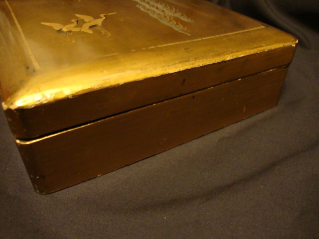Breathtaking Gold Makie Lacquer Box with Key~ Red Headed Cranes ~ Japan 1891+ Breathtaking Gold Makie Lacquer Box with Key~ Red Headed Cranes ~ Japan 1891+