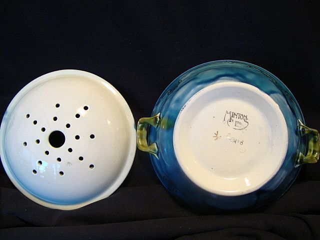 Superb 8 1/2" W Minton English Majolica Strawberry Bowl with Strainer / Drainer ~ Mottled Blue, Green and White Colors ~ Minton LTD England 1900-1908 Superb 8 1/2" W Minton English Majolica Strawberry Bowl with Strainer / Drainer ~ Mottled Blue, Green and White Colors ~ Minton LTD England 1900-1908