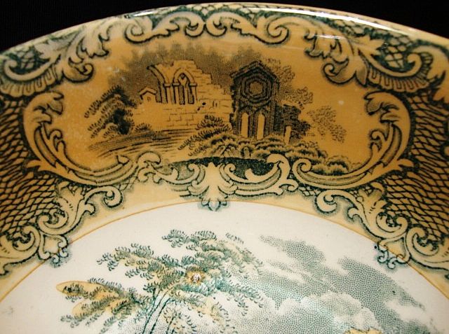 Beautiful 8" Serving Bowl ~ Decorated with Green Transfer and "Abbey" Church Scene ~ PETRUS REGOUT (Maastricht, Holland) 1914 Beautiful 8" Serving Bowl ~ Decorated with Green Transfer and "Abbey" Church Scene ~ PETRUS REGOUT (Maastricht, Holland) 1914