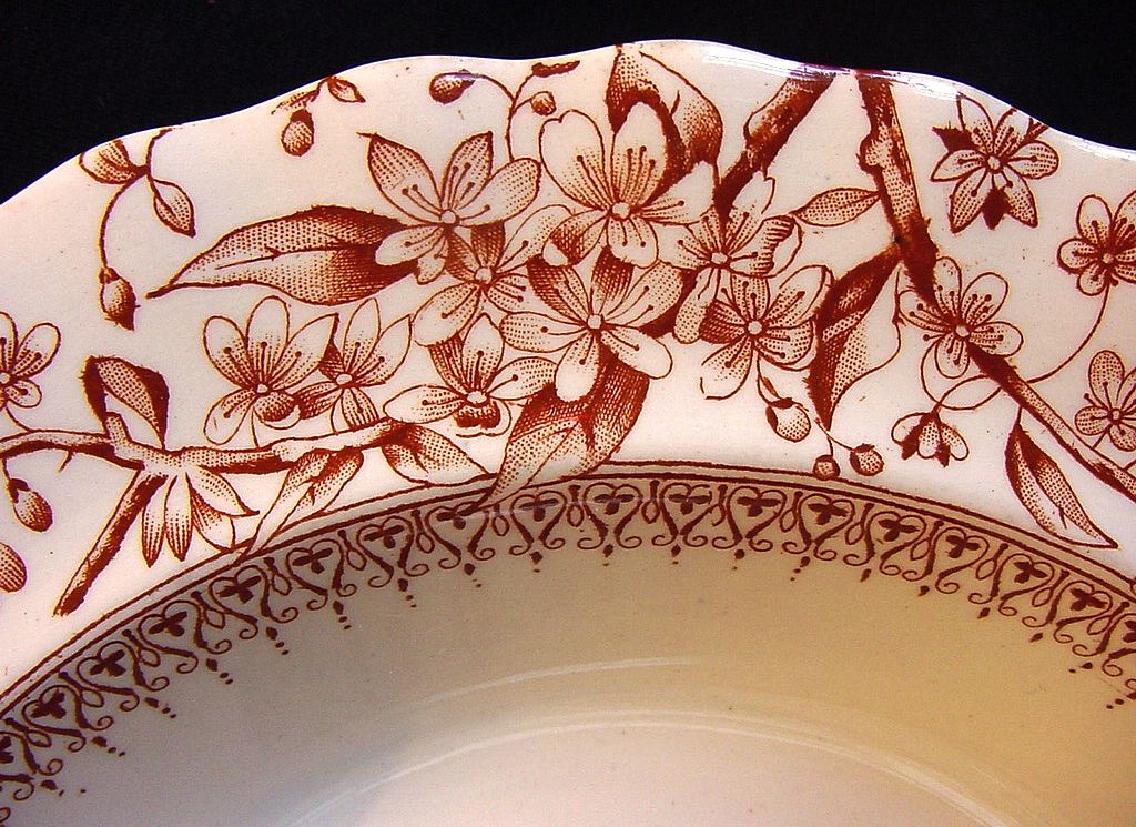 Nice Red Aesthetic Transfer Ware Bowl with Flowers on Branches "Gloucester" Pattern ~ Keeling & Co 1888 Nice Red Aesthetic Transfer Ware Bowl with Flowers on Branches "Gloucester" Pattern ~ Keeling & Co 1888