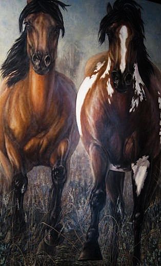 Original oil painting by Carolyn Mock - titled "No Fences", Oil on canvas 55'' x 43'', signed by artist. Original oil painting by Carolyn Mock - titled "No Fences", Oil on canvas 55'' x 43'', signed by artist.