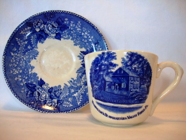 Commemorate Old English Staffordshire Ware ~Blue Transferware Cup with the Washington's Headquarters ,Valley Forge PA. ~ William Adams Stoke on Trent / Jonroth Early 1900's Commemorate Old English Staffordshire Ware ~Blue Transferware Cup with the Washington's Headquarters ,Valley Forge PA. ~ William Adams Stoke on Trent / Jonroth Early 1900's