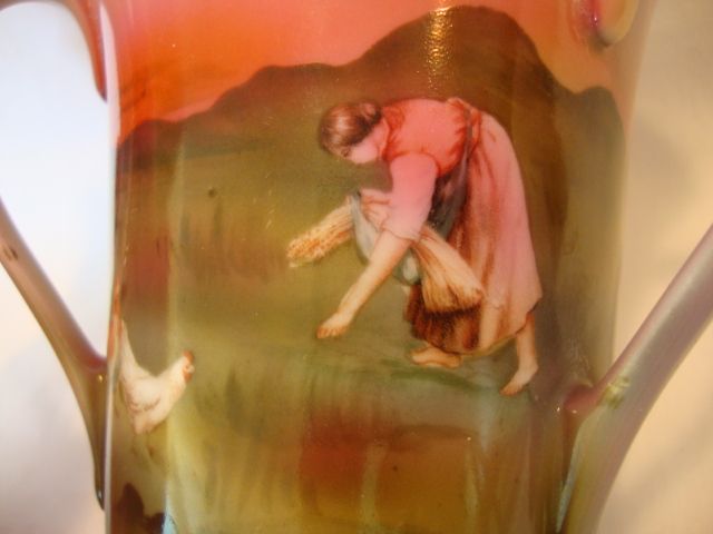 Wonderful Bavarian Three-Handle Loving Cup with Woman Feeding Chickens ~ Royal Bayreuth ~ Blue Mark ~ TETTAU PORCELAIN FACTORY ~Germany -1902-1930 Wonderful Bavarian Three-Handle Loving Cup with Woman Feeding Chickens ~ Royal Bayreuth ~ Blue Mark ~ TETTAU PORCELAIN FACTORY ~Germany -1902-1930