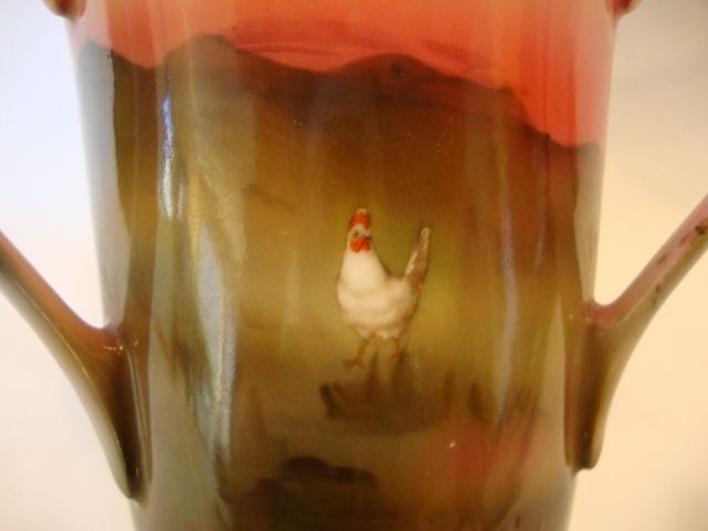 Wonderful Bavarian Three-Handle Loving Cup with Woman Feeding Chickens ~ Royal Bayreuth ~ Blue Mark ~ TETTAU PORCELAIN FACTORY ~Germany -1902-1930 Wonderful Bavarian Three-Handle Loving Cup with Woman Feeding Chickens ~ Royal Bayreuth ~ Blue Mark ~ TETTAU PORCELAIN FACTORY ~Germany -1902-1930