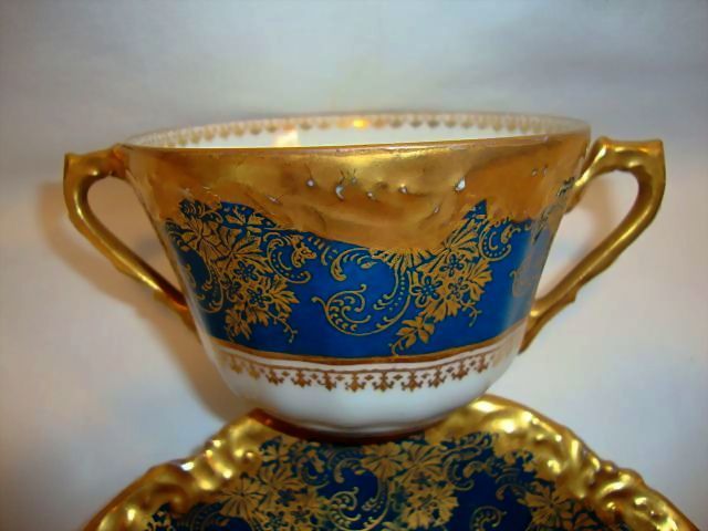 Exquisite Bouillon Cup & Saucer ~ Limoges Porcelain ~ Double Handled ~Teal & Gold Embellished ~ Coiffe Limoges France 1876 -1890 Exquisite Bouillon Cup & Saucer ~ Limoges Porcelain ~ Double Handled ~Teal & Gold Embellished ~ Coiffe Limoges France 1876 -1890