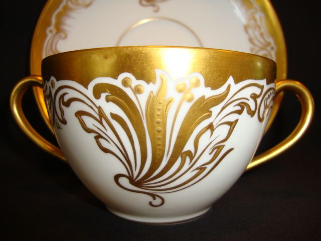 Fabulous Double Handled Limoges Teacup & Saucer ~ Pickard Hand Painted with Golden Designs ~ Martial Redon Limoges / Pickard Studios Chicago IL 1905-1910 Fabulous Double Handled Limoges Teacup & Saucer ~ Pickard Hand Painted with Golden Designs ~ Martial Redon Limoges / Pickard Studios Chicago IL 1905-1910