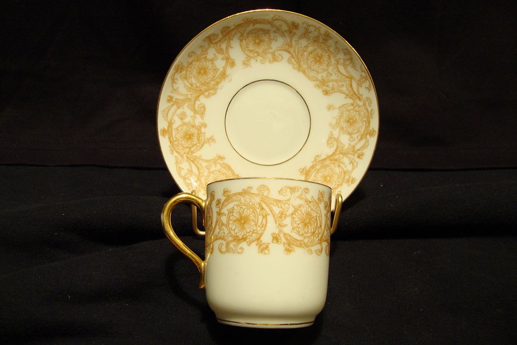 Awesome LIMOGES Porcelain Demitasse Cup and Saucer ~ Golden Yellow and White Flowers and Vines ~ Delinieres & Co 1879-1883 Awesome LIMOGES Porcelain Demitasse Cup and Saucer ~ Golden Yellow and White Flowers and Vines ~ Delinieres & Co 1879-1883