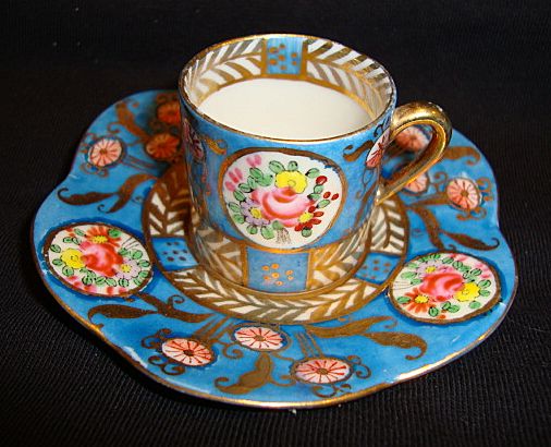 Great Miniature Porcelain Cup and Saucer ~ Hand Painted with Flowers and Gold ~ Hokutosha Made in Occupied Japan 1945+ Great Miniature Porcelain Cup and Saucer ~ Hand Painted with Flowers and Gold ~ Hokutosha Made in Occupied Japan 1945+