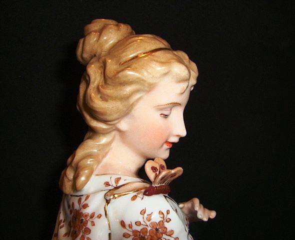 Exquisite 17 ¼" German Porcelain Figurine / Statue ~ Woman, Angle / Cherub and Butterfly ~ Dresden Area Decorating Studio Germany 1920's + Exquisite 17 ¼" German Porcelain Figurine / Statue ~ Woman, Angle / Cherub and Butterfly ~ Dresden Area Decorating Studio Germany 1920's +