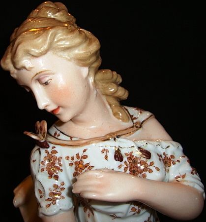 Exquisite 17 ¼" German Porcelain Figurine / Statue ~ Woman, Angle / Cherub and Butterfly ~ Dresden Area Decorating Studio Germany 1920's + Exquisite 17 ¼" German Porcelain Figurine / Statue ~ Woman, Angle / Cherub and Butterfly ~ Dresden Area Decorating Studio Germany 1920's +