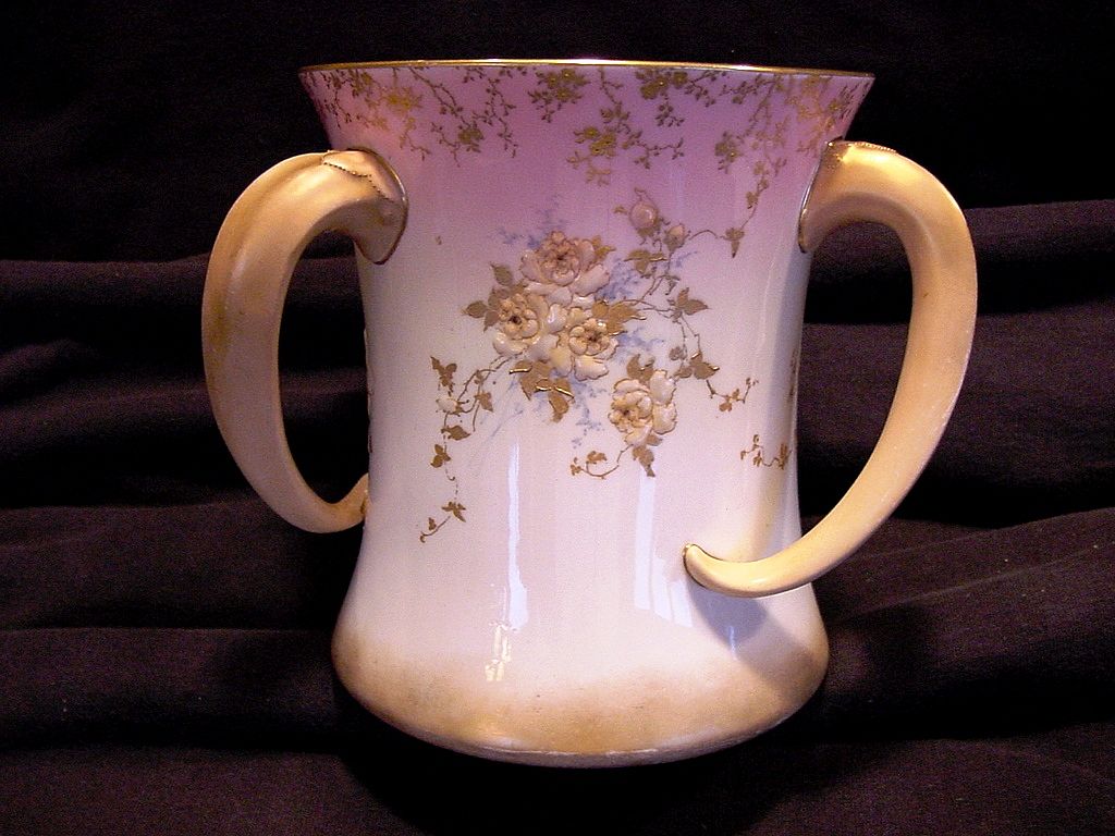 "RARE" Doulton 3 Tusk Handled Loving Cup ~ Enamel Flowers ~Artist Initialed ~ Doulton Burslem England ca.1891-1893. "RARE" Doulton 3 Tusk Handled Loving Cup ~ Enamel Flowers ~Artist Initialed ~ Doulton Burslem England ca.1891-1893.