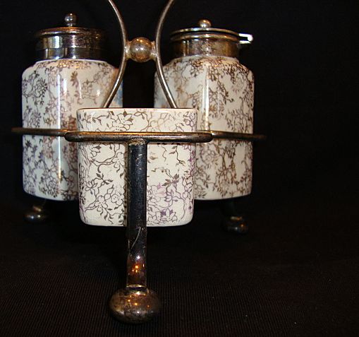 Quaint Three Piece English Earthenware Condiment / Castor Set with Metal Caddy ~ Lancaster and Sandland LTD Hanley England 1900-1944 Quaint Three Piece English Earthenware Condiment / Castor Set with Metal Caddy ~ Lancaster and Sandland LTD Hanley England 1900-1944